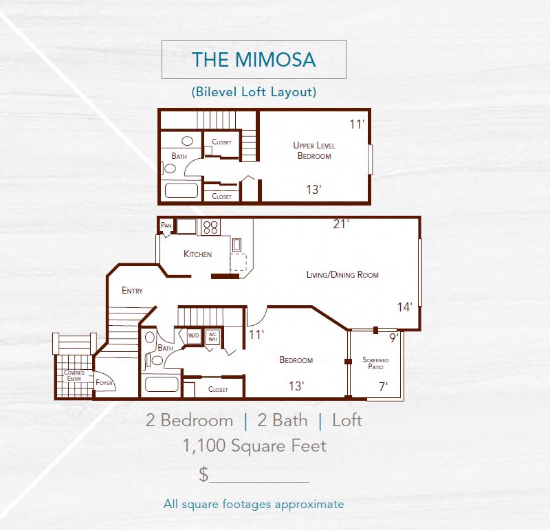The Mimosa  2 bed 2 bath 1100 sq ft ( no door on 2nd bedroom )
